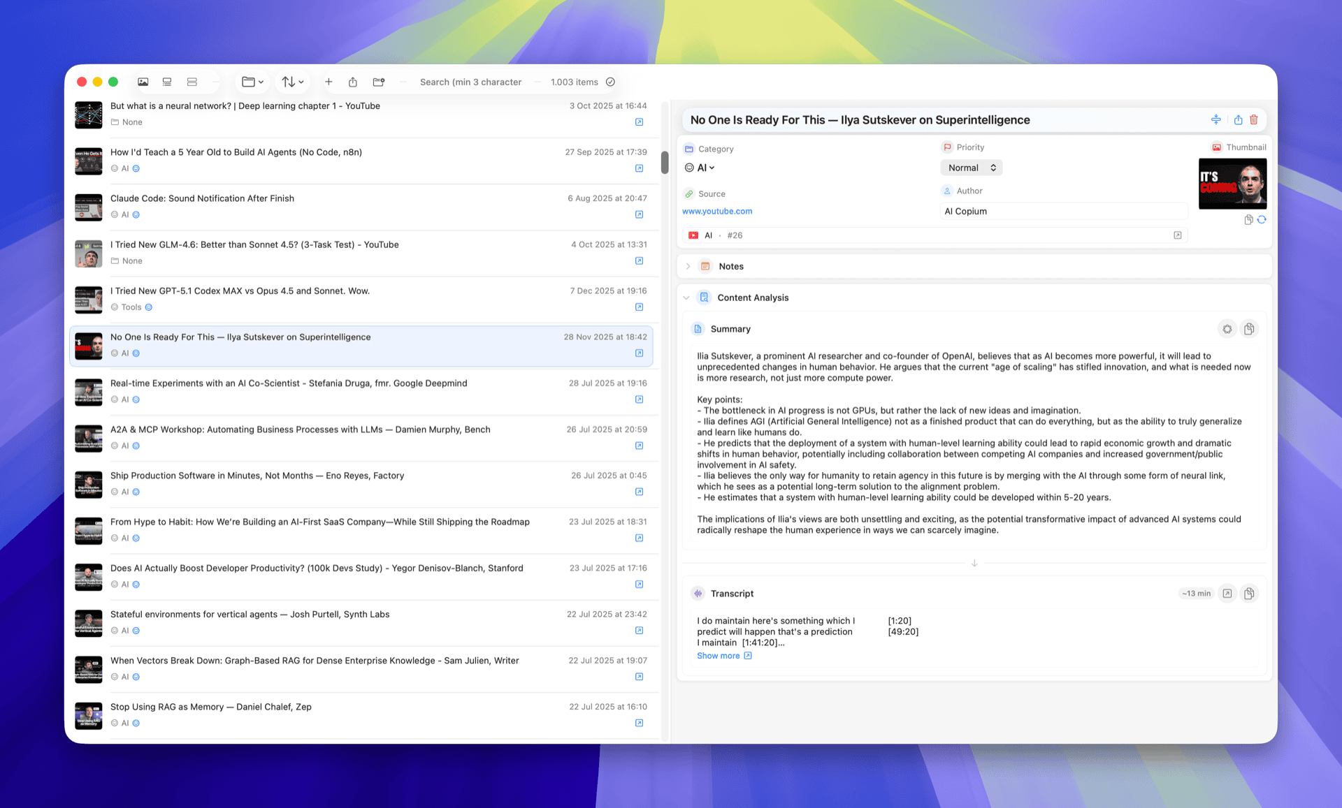 Corixa main interface showing saved items organized in categories