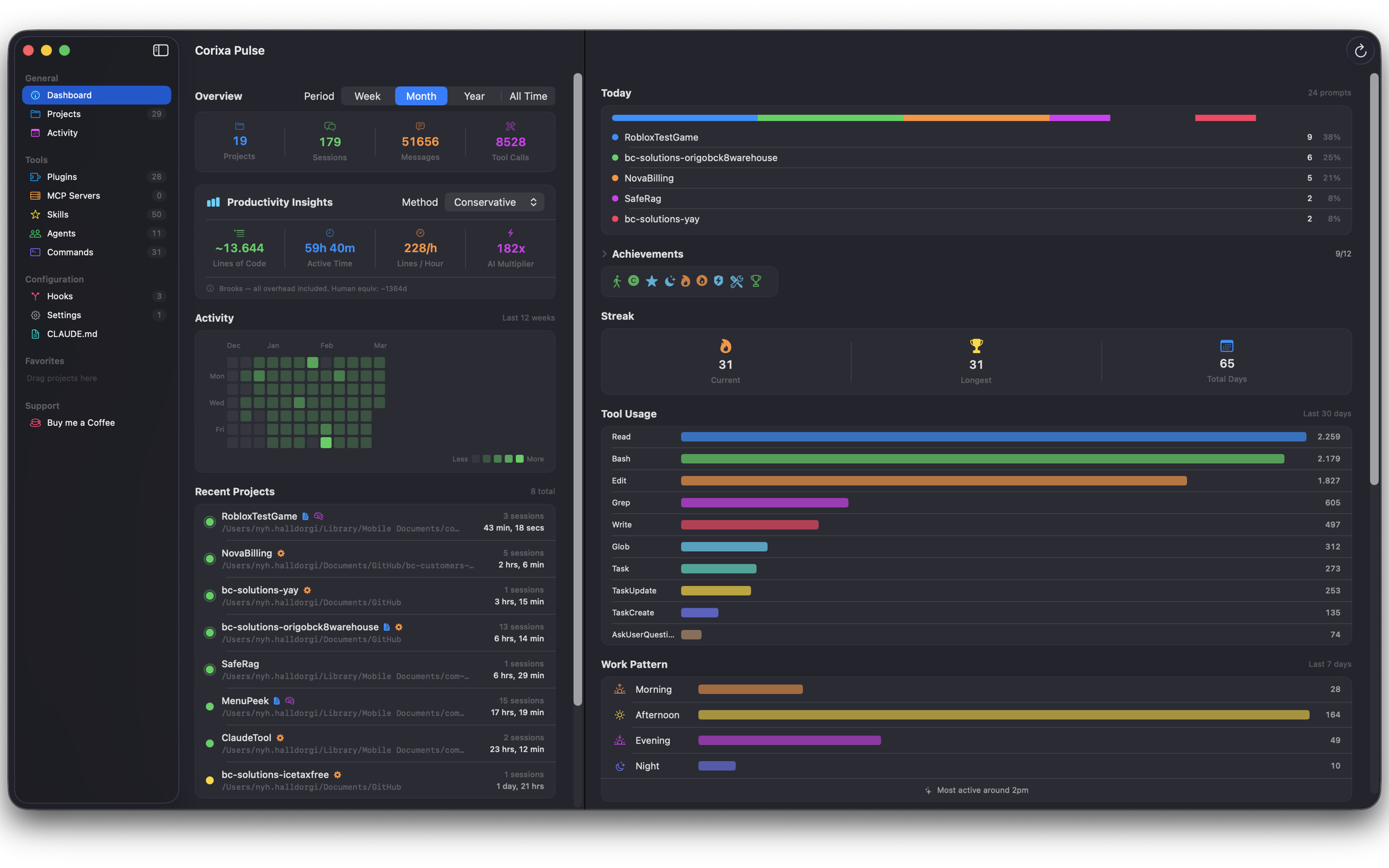 Corixa Pulse dashboard showing Claude Code configuration