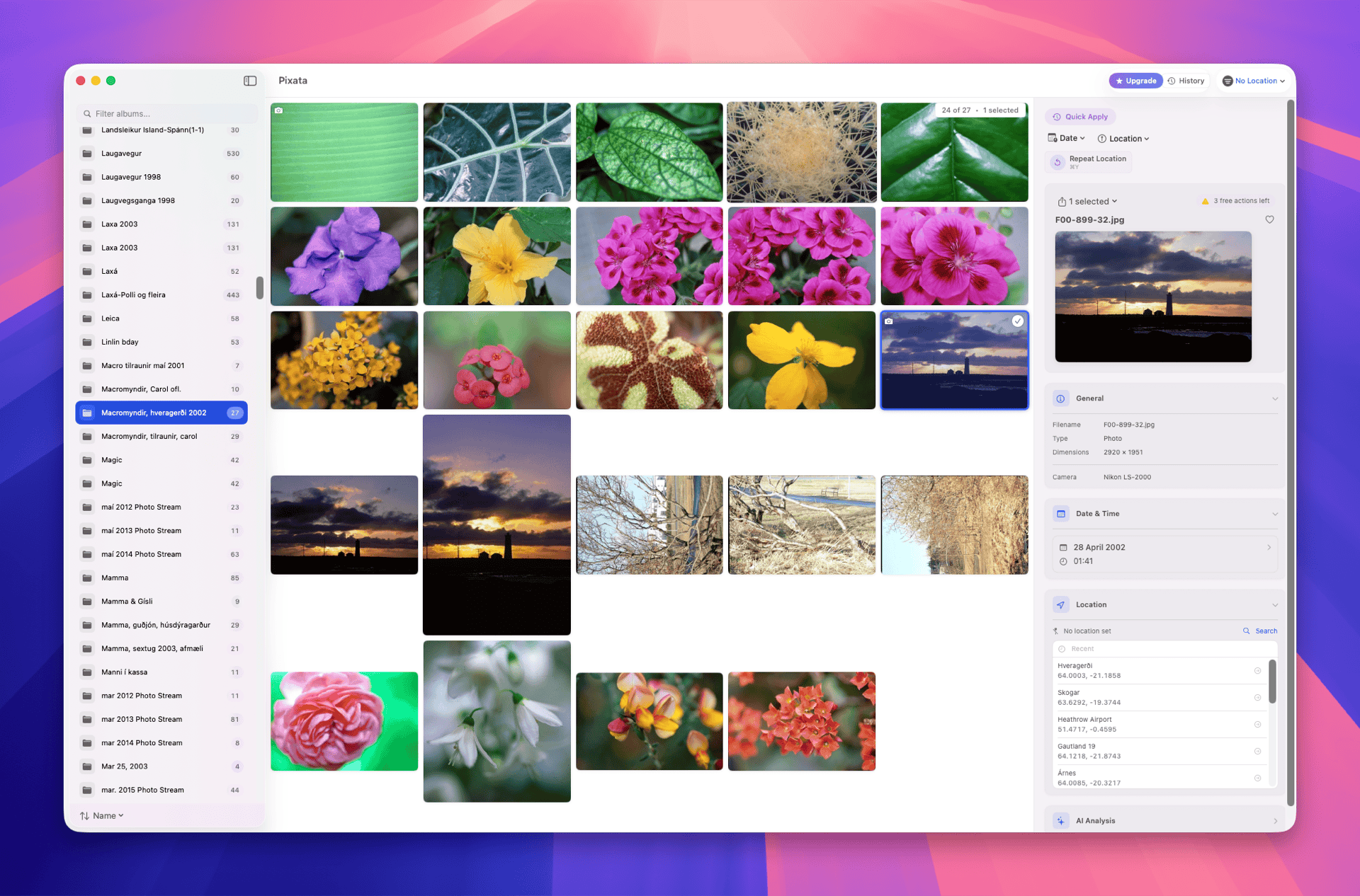 Pixata - Photo metadata editor showing the main interface with photo library, date editing, and location tools