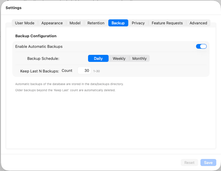 Backup settings tab