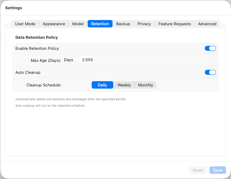 Retention settings tab